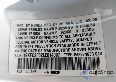 2020 Honda Civic Sport из США, поврежденный, VIN 19XFC2F82LE014097